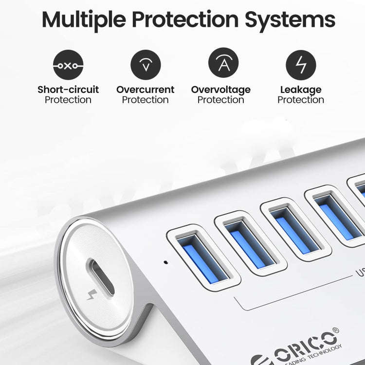 ORICO M3U7-G2 Aluminum Alloy 7-Port USB 3.2 Gen2 10Gbps HUB with 1m Cable (Silver)