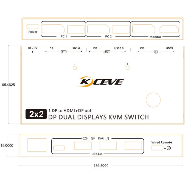 KC-KVM212DH 4K 60HZ USB3.0 DP Dual Display KVM Switcher with MST Dual Screen Extension Replication