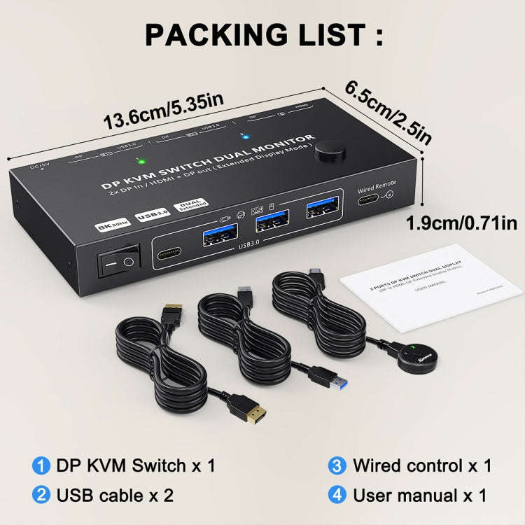 KC-KVM212DH 4K 60HZ USB3.0 DP Dual Display KVM Switcher with MST Dual Screen Extension Replication
