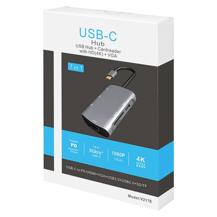 V217E 7 In 1 Type C / USB-C to PD + HDMI + VGA + USB3.0 + UB2.0 + SD / TF Multi-function Type-C /...