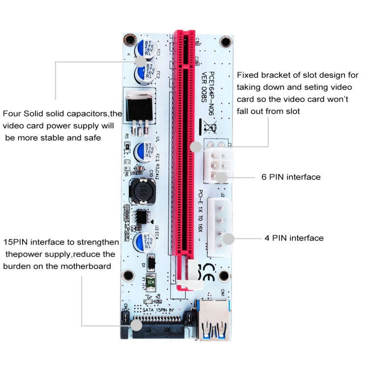 PCE164P-N06 VER008S USB 3.0 PCI-E Express 1x to 16x PCI-E Extender Riser Card Adapter 15 Pin SATA...