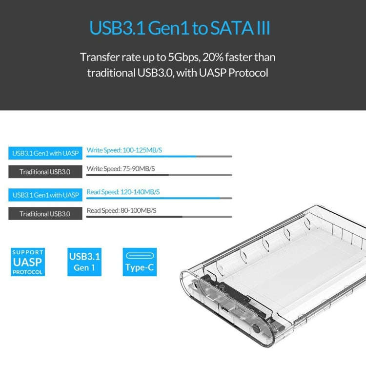 ORICO 3139C3 3.5 inch SATA HDD USB 3.1 Type-C External Hard Drive Enclosure Storage Case(Transpar...