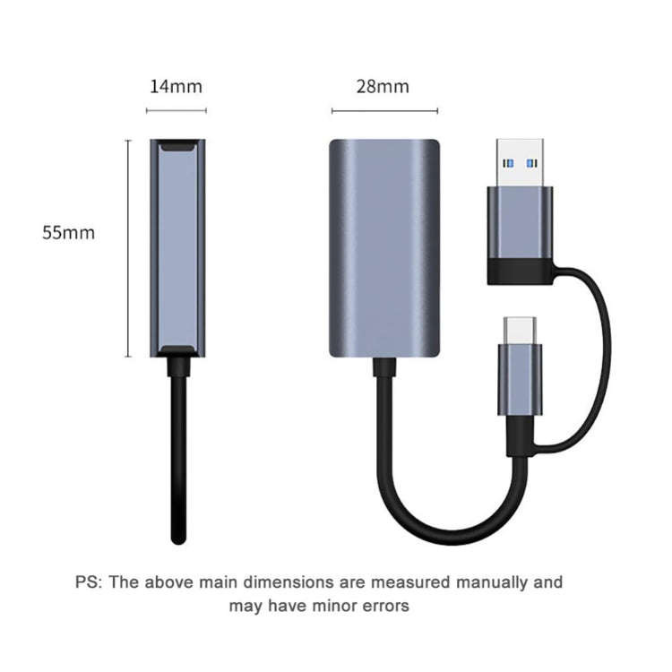 BYL-2207TU 2 in 1 USB + Type-C to RJ45 Docking Station HUB Adapter