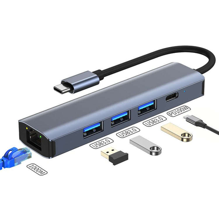 BYL-2302 5 in 1 USB-C / Type-C to USB Multifunctional Docking Station HUB Adapter with 1000M Netw...