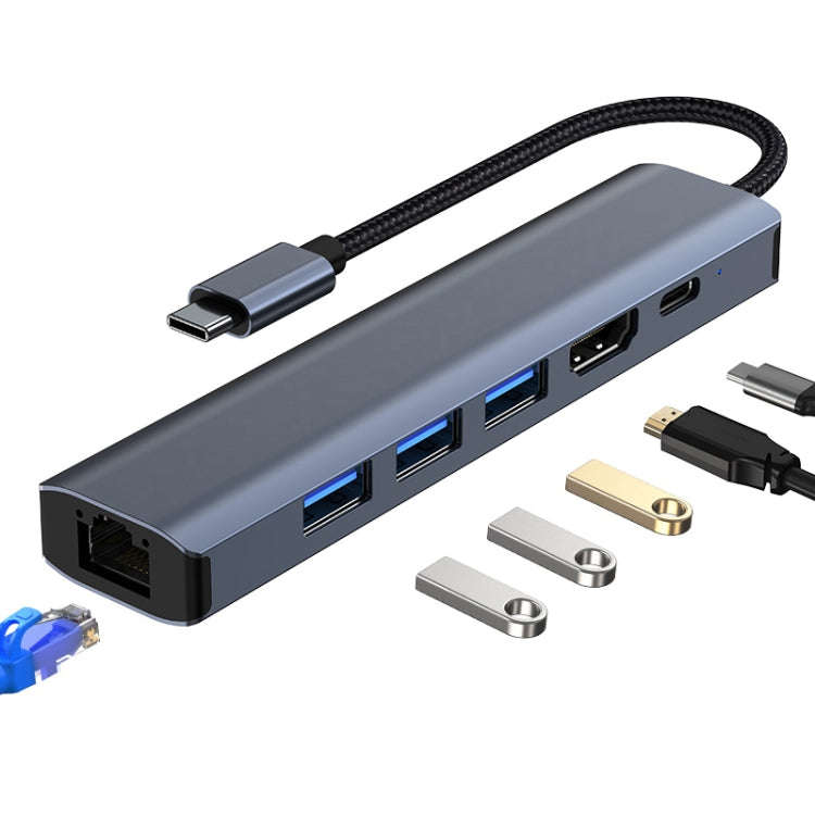 BYL-2210 6 in 1 USB-C / Type-C to USB Multifunctional Docking Station HUB Adapter with 1000M Netw...