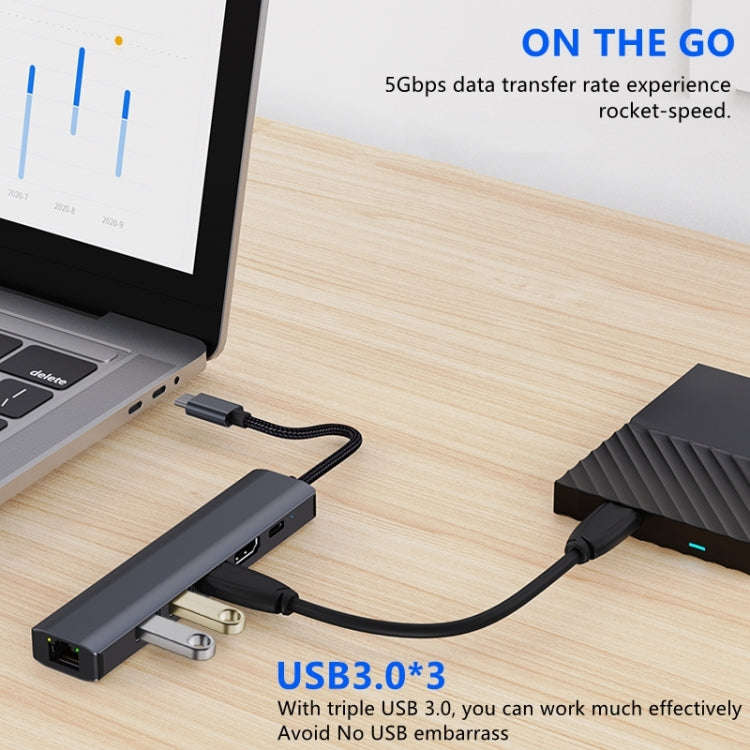 BYL-2210 6 in 1 USB-C / Type-C to USB Multifunctional Docking Station HUB Adapter with 1000M Netw...