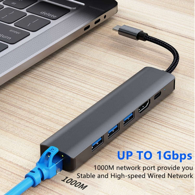 BYL-2210 6 in 1 USB-C / Type-C to USB Multifunctional Docking Station HUB Adapter with 1000M Netw...