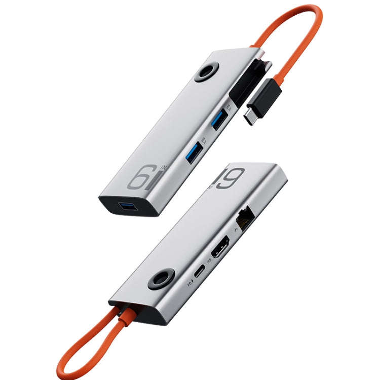 ROCK TR28 HDMI 4K Gigabit Network PD Quick Charger 6 in 1 USB 3.0 HUB (Silver Black)