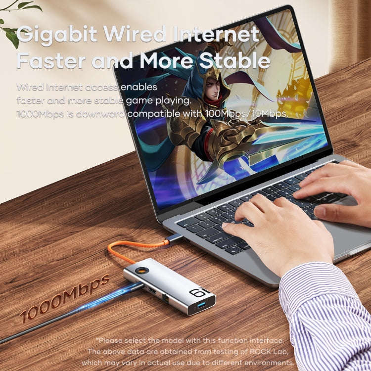 ROCK TR28 HDMI 4K Gigabit Network PD Quick Charger 6 in 1 USB 3.0 HUB (Silver Black)