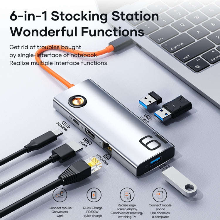 ROCK TR28 HDMI 4K Gigabit Network PD Quick Charger 6 in 1 USB 3.0 HUB (Silver Black)