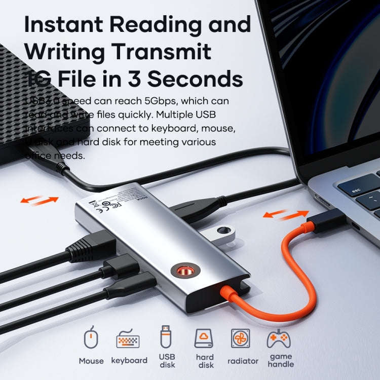 ROCK TR28 HDMI 4K Gigabit Network PD Quick Charger 6 in 1 USB 3.0 HUB (Silver Black)