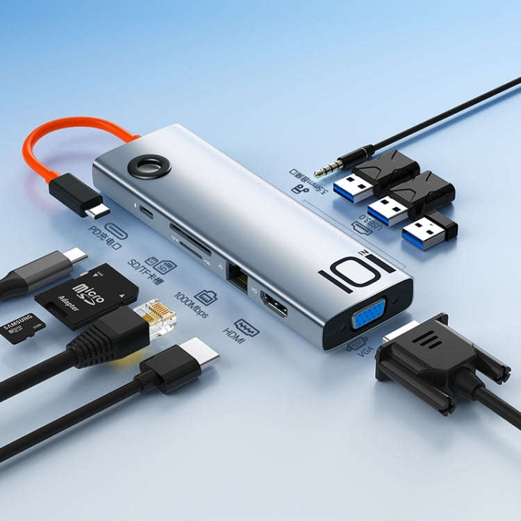 ROCK TR30 Type-C To HDMI VGA Audio USB 3.0 SDTF LAN Multi Splitter Adapter 10 in 1 PD Docking Sta...