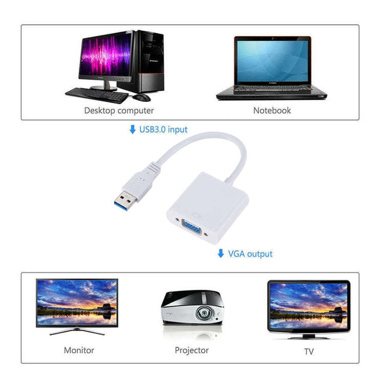 External Graphics Card Converter Cable USB3.0 to VGA, Resolution: 1080P(White)