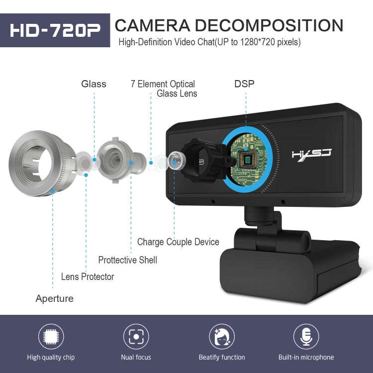 HXSJ S90 30fps 1 Megapixel 720P HD Webcam for Desktop / Laptop / Android TV, with 8m Sound Absorb...