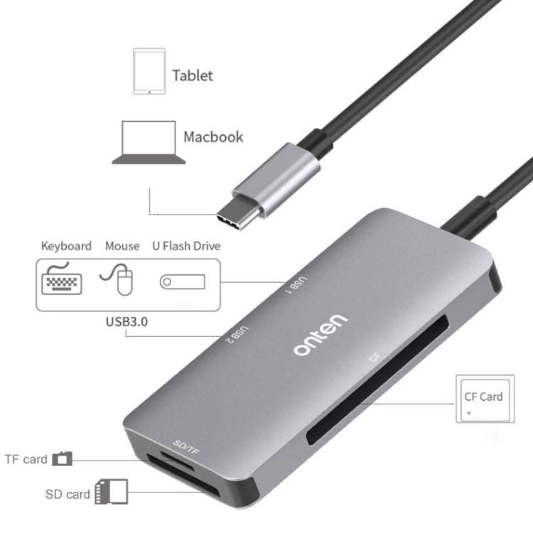 Onten 91882 5 In 1 USB3.0 x3 + SD + TF + CF Type-C / USB-C OTG Multi-function Card Reader