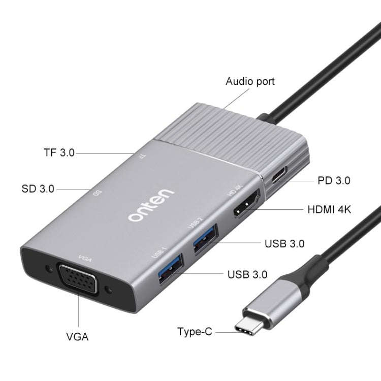 Onten 95113 8 In 1 USB 3.0 x2 + SD / TF + HDMI / VGA + 3.5mm Jack + Type-C / USB-C (PD 3.0) Multi...