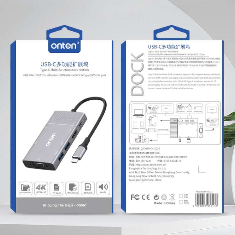 Onten 95113 8 In 1 USB 3.0 x2 + SD / TF + HDMI / VGA + 3.5mm Jack + Type-C / USB-C (PD 3.0) Multi...