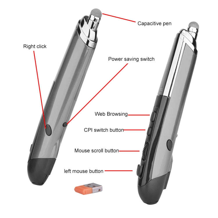 PR-08 6-keys Smart Wireless Optical Mouse with Stylus Pen & Laser Function (Grey)