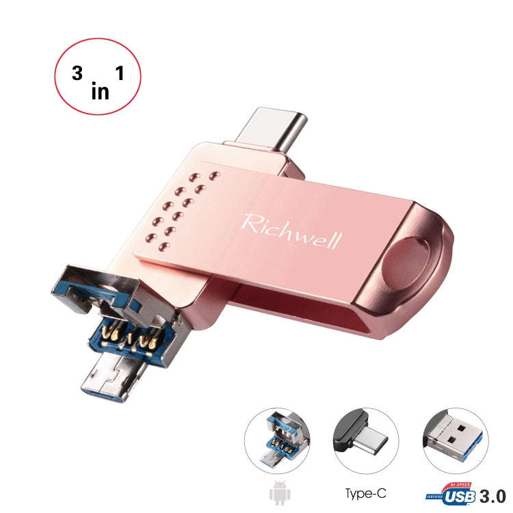 Richwell 3 in 1 64G Type-C + Micro USB + USB 3.0 Metal Flash Disk with OTG Function(Rose Gold)