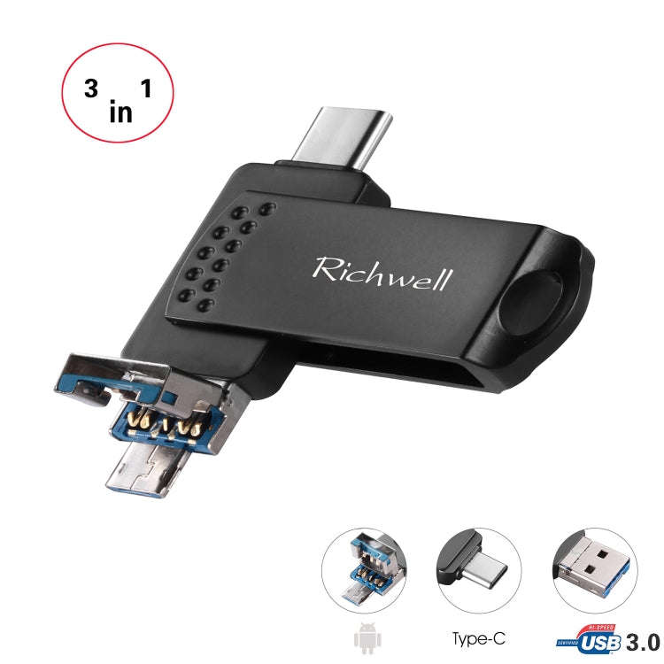 Richwell 3 in 1 128G Type-C + Micro USB + USB 3.0 Metal Flash Disk with OTG Function(Black)
