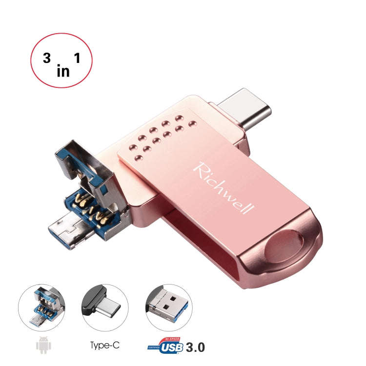 Richwell 3 in 1 128G Type-C + Micro USB + USB 3.0 Metal Flash Disk with OTG Function(Rose Gold)