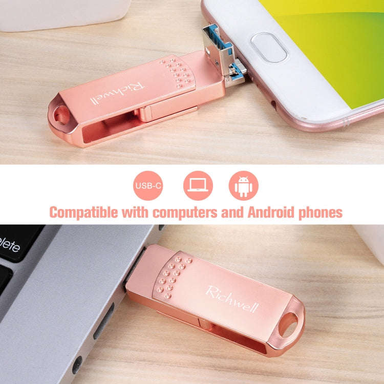 Richwell 3 in 1 128G Type-C + Micro USB + USB 3.0 Metal Flash Disk with OTG Function(Rose Gold)