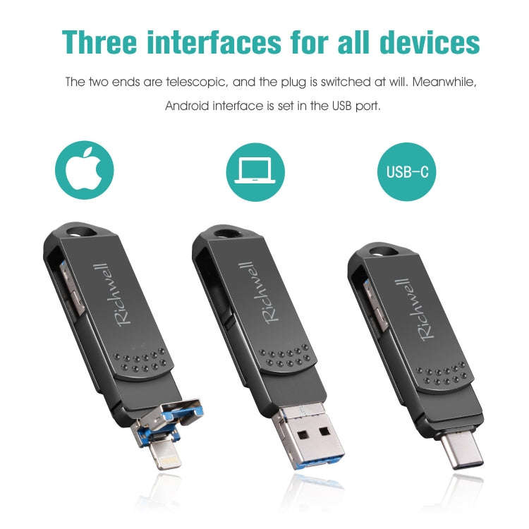 Richwell 128G Type-C + 8 Pin + USB 3.0 Metal Flash Disk with OTG Function(Black)