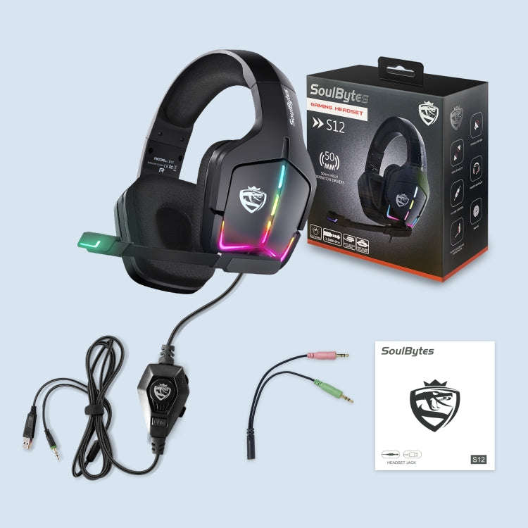 Soulbytes S12 USB + 3.5mm 4 Pin Adjustable RGB Light Gaming Headset with Mic (Black)