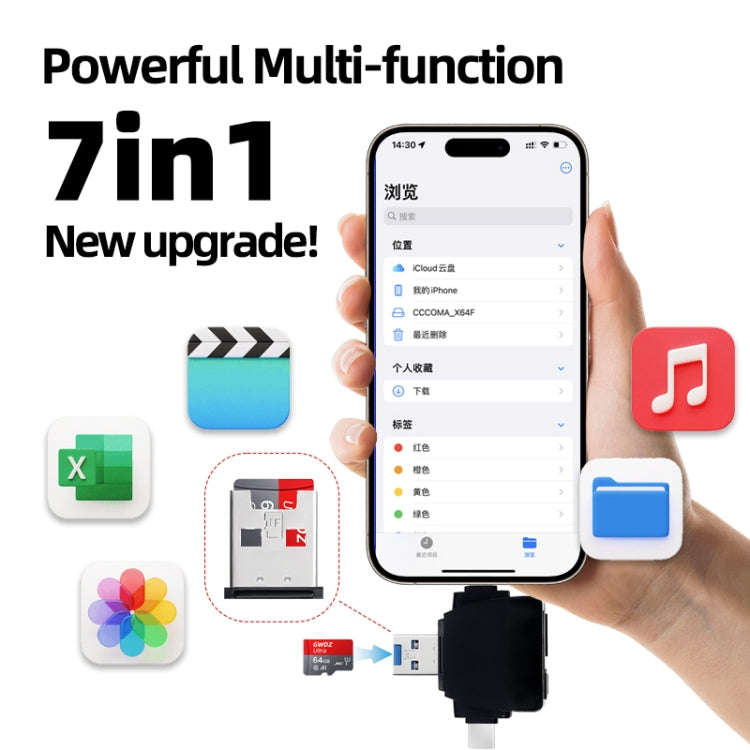 7 in 1 Card Reader USB + Type-C + 8 Pin + TF Card + SD Card + Earphone Adapter (Black)