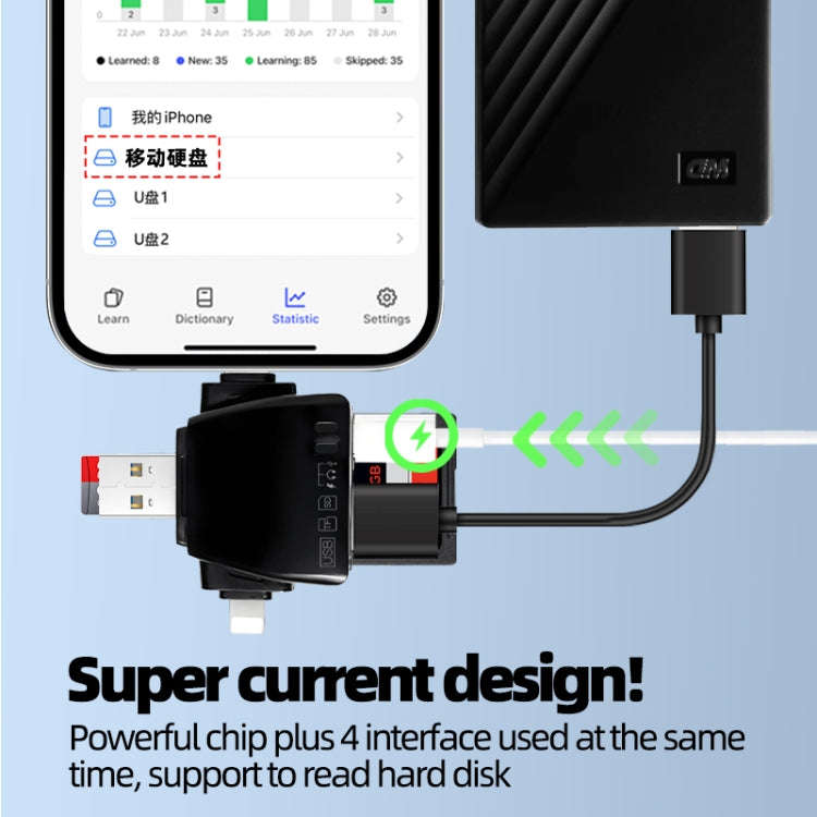 7 in 1 Card Reader USB + Type-C + 8 Pin + TF Card + SD Card + Earphone Adapter (Black)