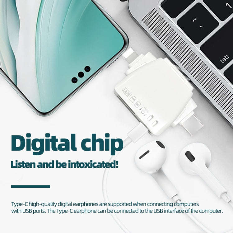 7 in 1 Card Reader USB + Type-C + 8 Pin + TF Card + SD Card + Earphone Adapter (White)