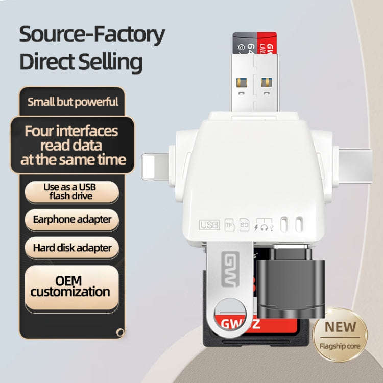 7 in 1 Card Reader USB + Type-C + 8 Pin + TF Card + SD Card + Earphone Adapter (White)
