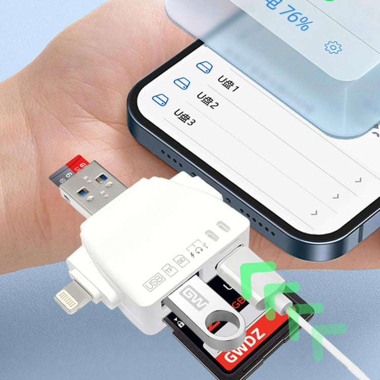 7 in 1 Card Reader USB + Type-C + 8 Pin + TF Card + SD Card + Earphone Adapter (Black)
