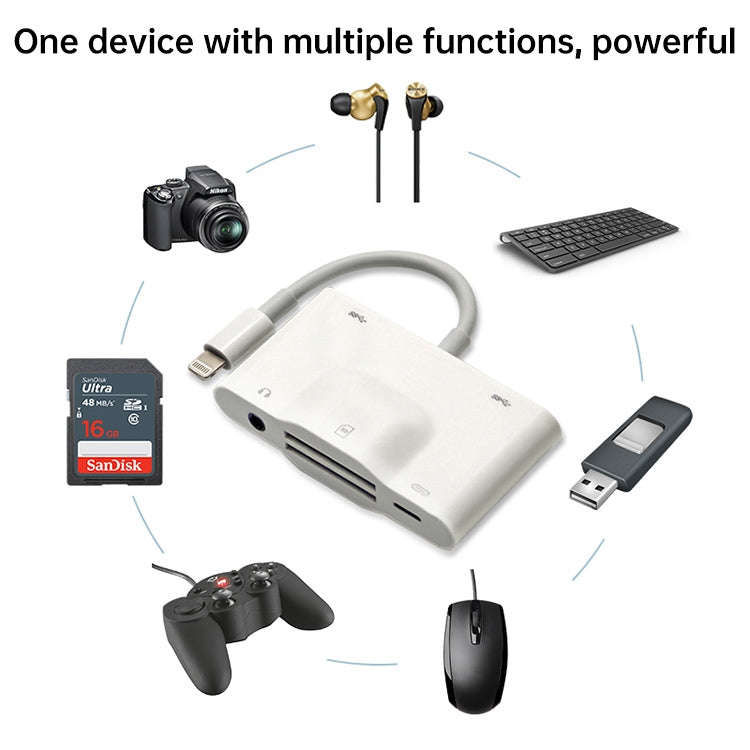NK-1042 6 in 1 8 Pin Male to Dual USB + Dual SD Card + 3.5mm Audio Interface + 8 Pin Charging Int...