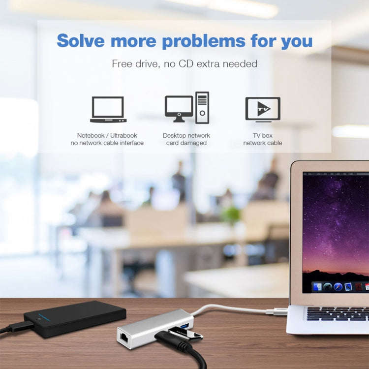 Aluminum Shell 3 USB3.0 Ports HUB + USB-C / Type-C Gigabit Ethernet Adapter