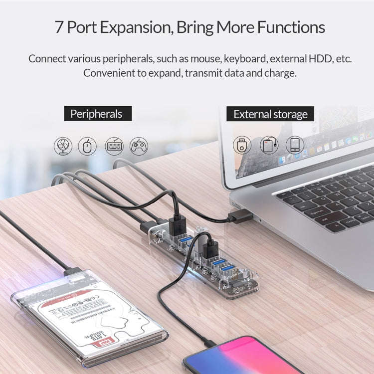 ORICO F7U 7 x USB 3.0 Ports 5Gbps Fast Transmission Desktop HUB with Blue LED Indicator Light (Tr...