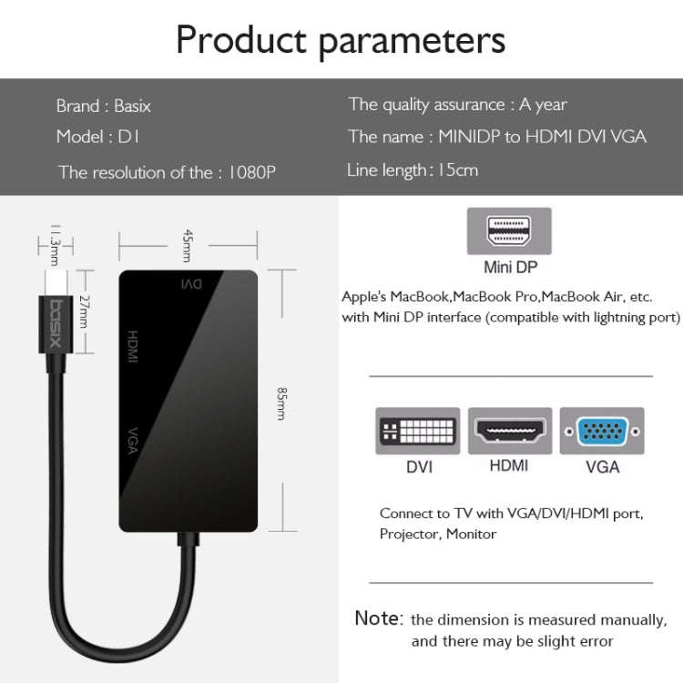 basix D1 Mini DP to HDMI + DVI + VGA 1080P Multi-function Converter, Cable Length: 15cm (Black)