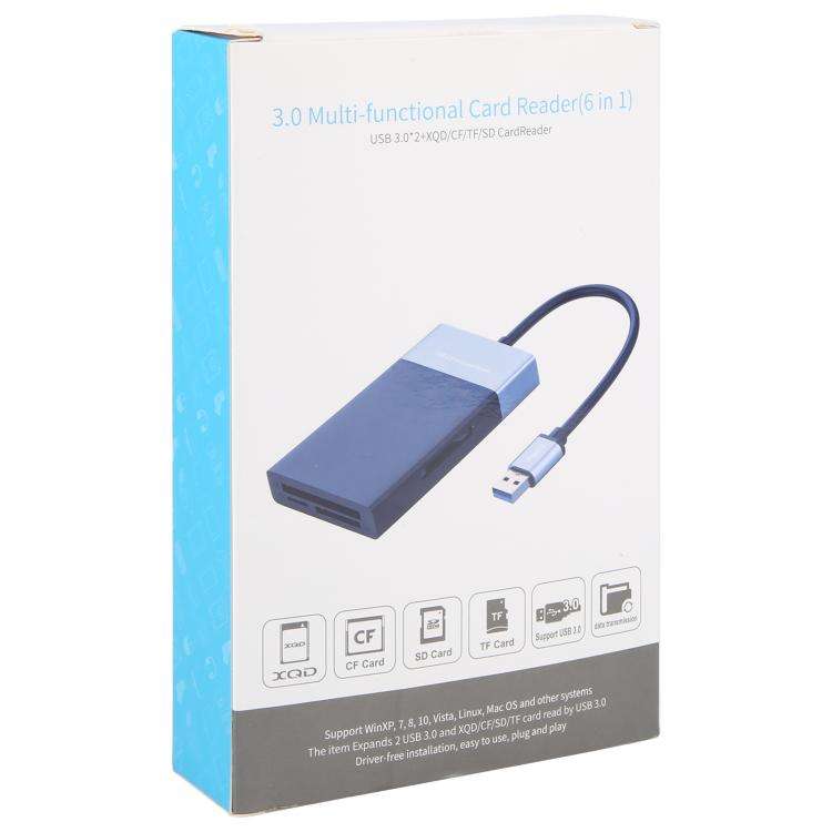 6 In 1 Multi-function Dual USB 3.0 + XQD + CF + TF + SD Card Reader (Silver)