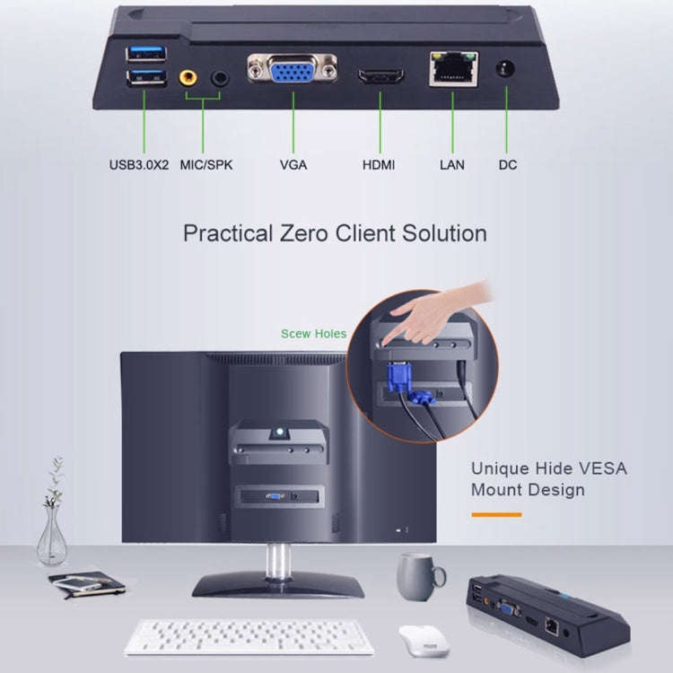 Zero Client R1W Mini PC, CORTEX QUAD A9 Quad Core up to 1.6GHz, RAM: 1GB, ROM: 8GB, Support WiFi,...