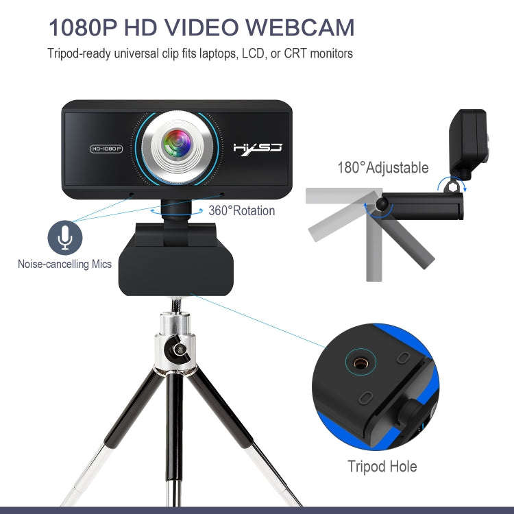 HXSJ S4 1080P Adjustable 180 Degree HD Manual Focus Video Webcam PC Camera with Microphone(Black)