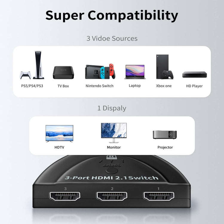 3 Port HDMI 8K Switcher Selector Box with Pigtail Cable (Black)