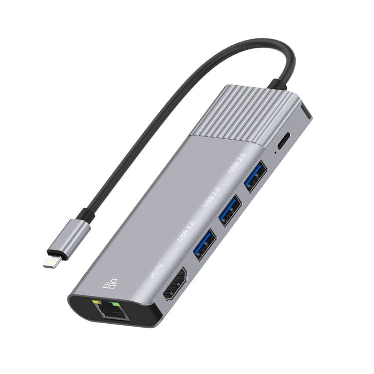 79591 6 in 1 8 Pin to RJ45 + HDMI + 8 Pin Charging + 3 USB 2.0 Ports Multifunctional HUB Converte...