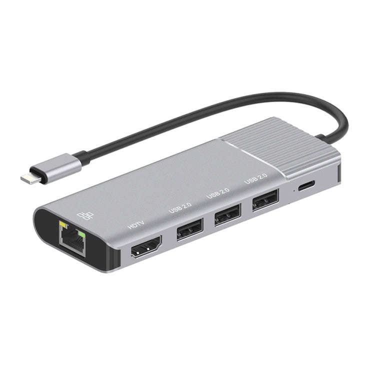 79591 6 in 1 8 Pin to RJ45 + HDMI + 8 Pin Charging + 3 USB 2.0 Ports Multifunctional HUB Converte...