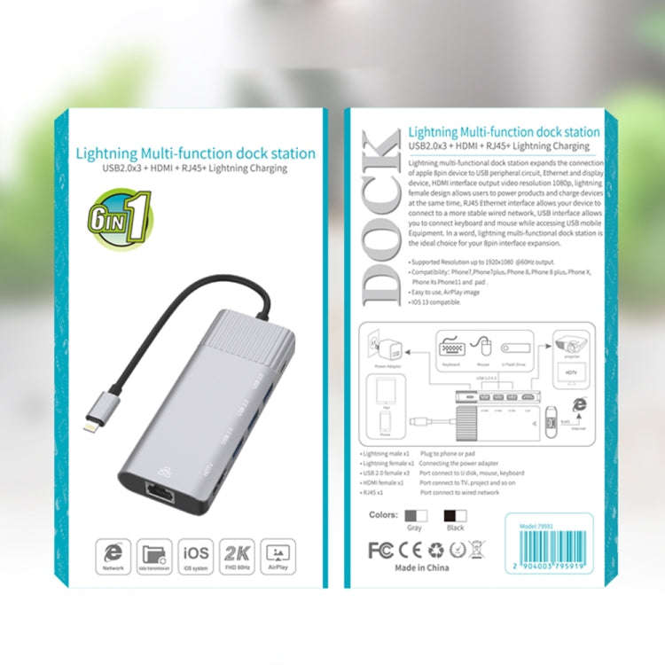 79591 6 in 1 8 Pin to RJ45 + HDMI + 8 Pin Charging + 3 USB 2.0 Ports Multifunctional HUB Converte...