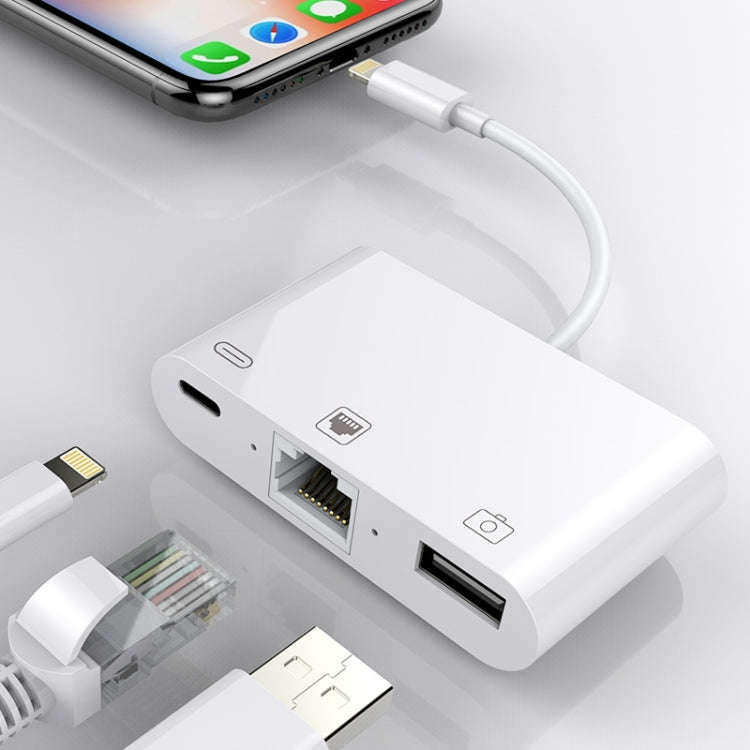 NK-107 3 in 1 Ethernet + USB + 8 Pin Charging Female Ports to 8 Pin Male OTG Digital Video Conver...