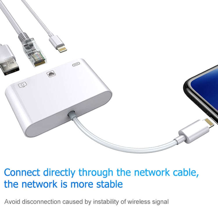 NK-107 3 in 1 Ethernet + USB + 8 Pin Charging Female Ports to 8 Pin Male OTG Digital Video Conver...