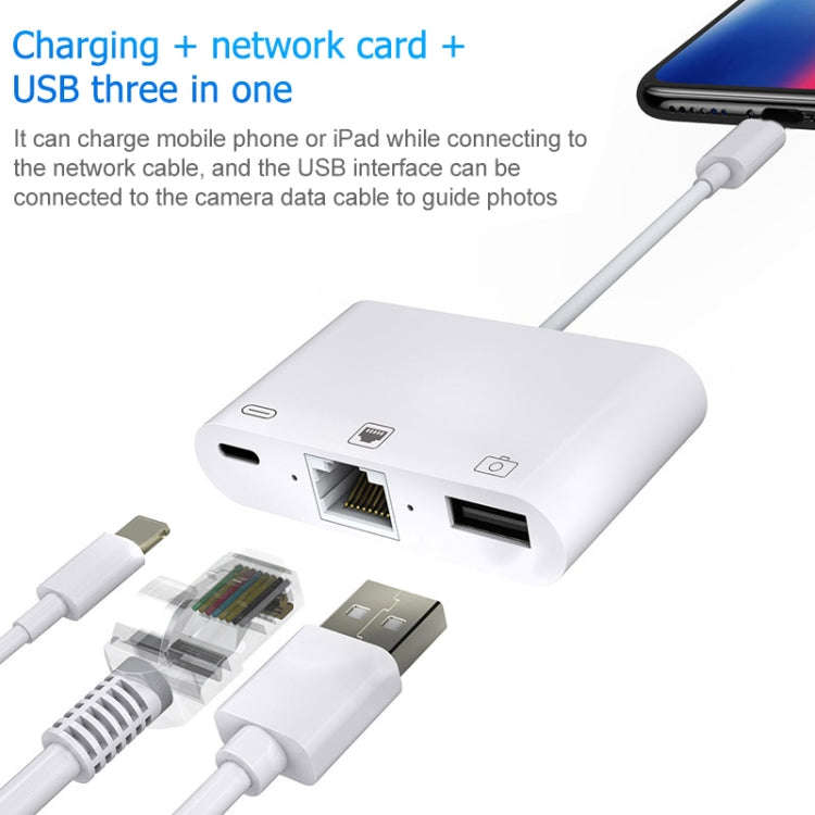 NK-107 3 in 1 Ethernet + USB + 8 Pin Charging Female Ports to 8 Pin Male OTG Digital Video Conver...