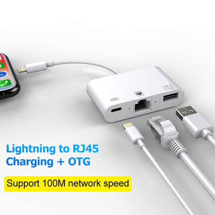 NK-107 3 in 1 Ethernet + USB + 8 Pin Charging Female Ports to 8 Pin Male OTG Digital Video Conver...