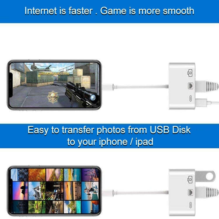 NK-107 3 in 1 Ethernet + USB + 8 Pin Charging Female Ports to 8 Pin Male OTG Digital Video Conver...