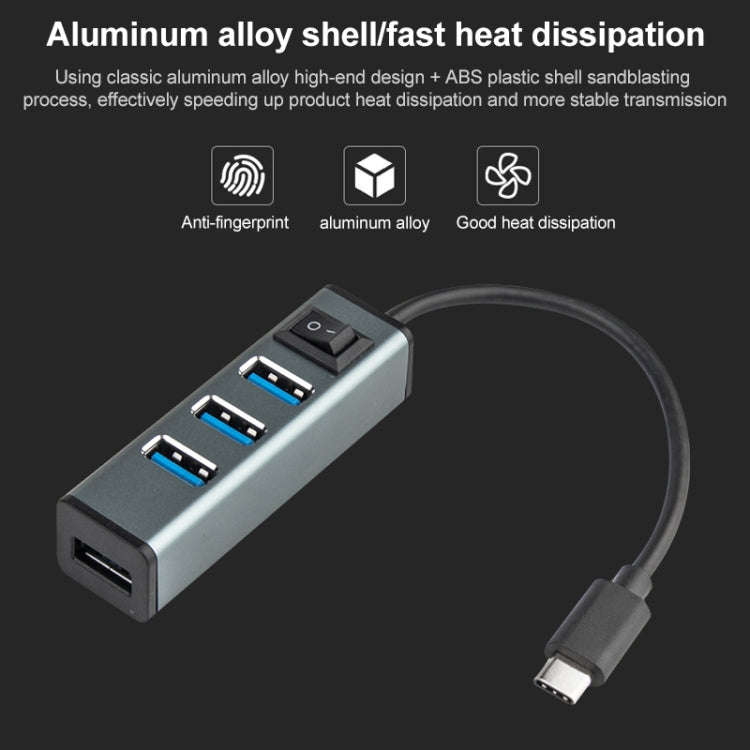 USB-C / Type-C to 4 USB 3.0 Ports Aluminum Alloy HUB with Switch (Silver)